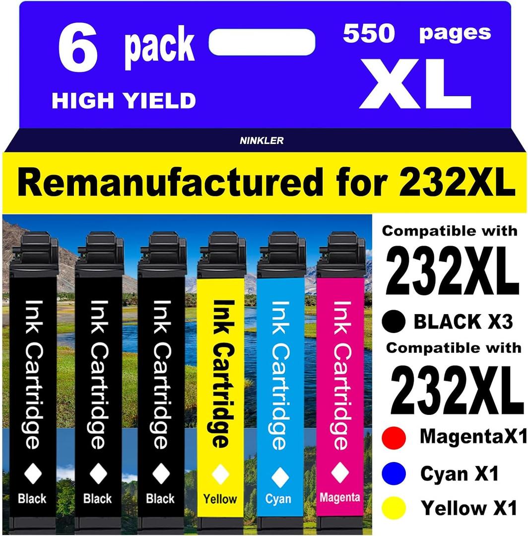 Remanufactured for Epson 232XL Ink Cartridges Combo Pack 232 T232XL for XP-4200 XP-4205 Workforce WF-2930 WF-2950 Printer 6 Pack 3 Black 1 Cyan 1 Magenta 1 Yellow