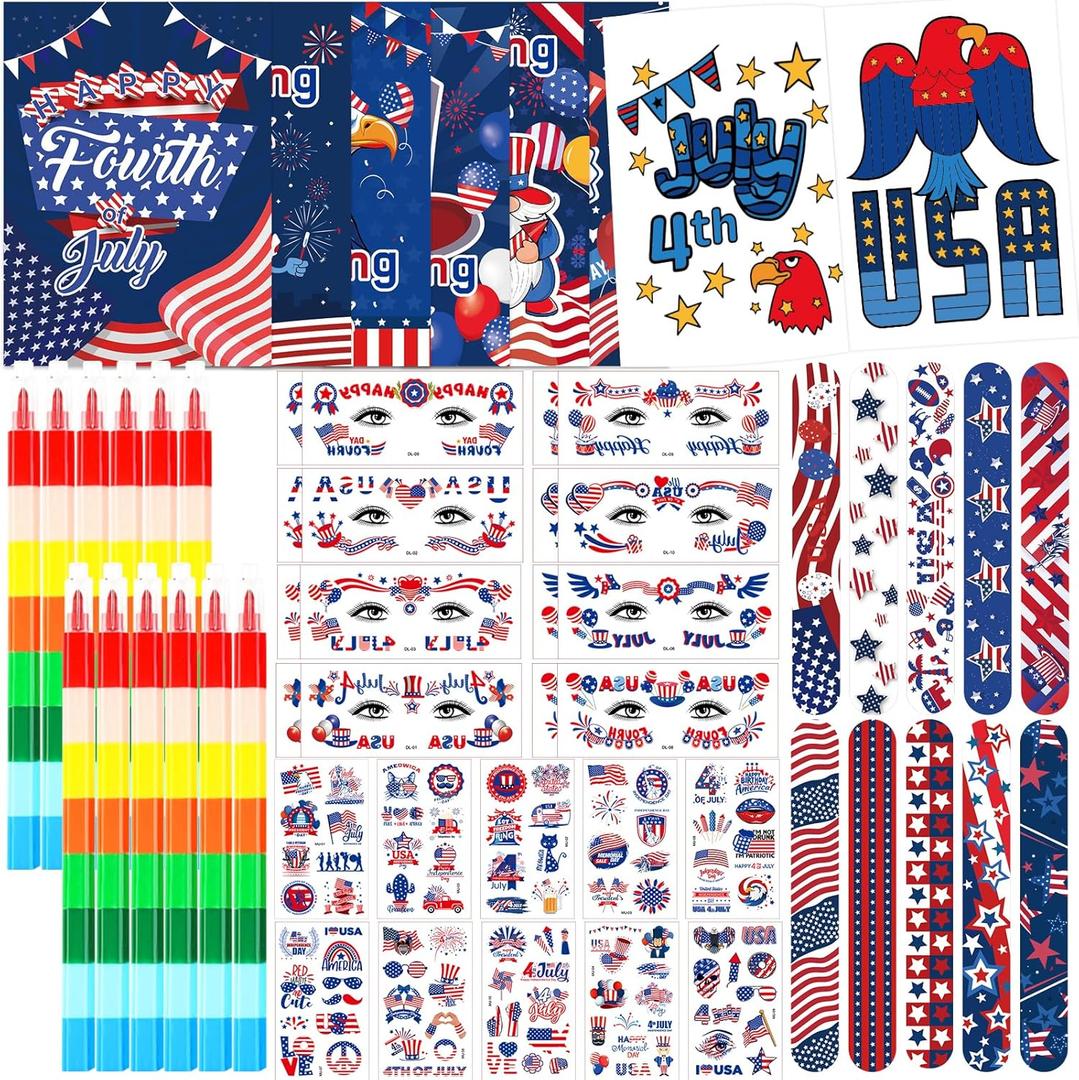 60 Pcs 4th of July Party Favors 4th of July Coloring Books Bulk Patriotic Party Favor Bag Stuffers with Tattoo Stickers Slap Bracelets Art Crafts Toys for Independence Day Classroom Prizes