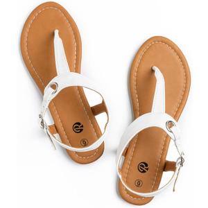 Rekayla Flat Thong Sandals with T-Strap and Adjustable Ankle Buckle for Women (White, Size 9)