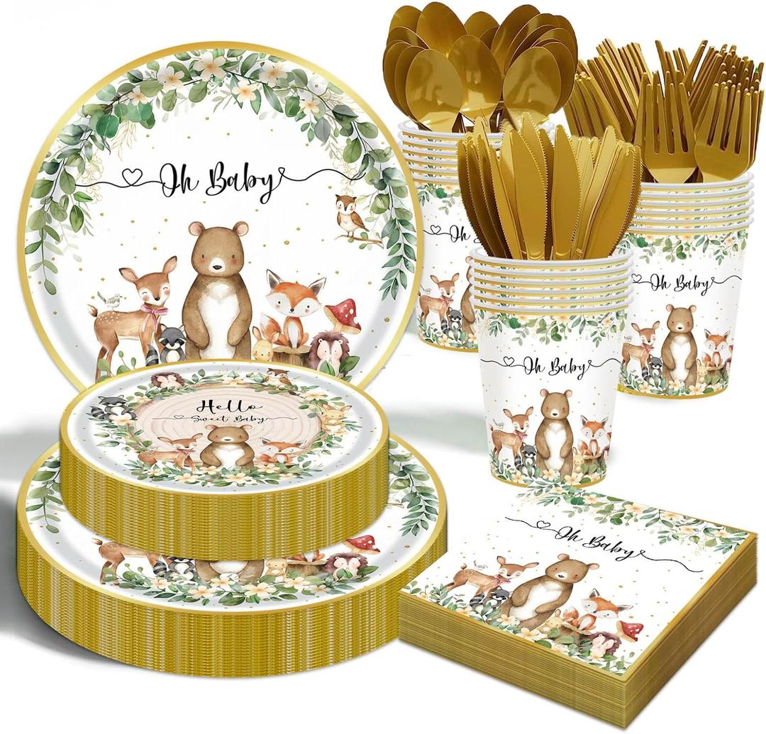 Woodland Baby Shower Party Supplies - 175 Pcs Safari Jungle Animal Wild Animal Party Decorations Nature Sage Plates Napkin Cups Spoons Forks Knives Tableware Set, Serves 25 Guests