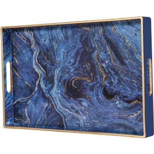 Zosenley Decorative Tray, Marbling Plastic Tray with Handles, Rectangular Vanity Tray and Serving Tray for Bathroom, Kitchen, Ottoman and Coffee Table, 15.6 x 10.2, Blue