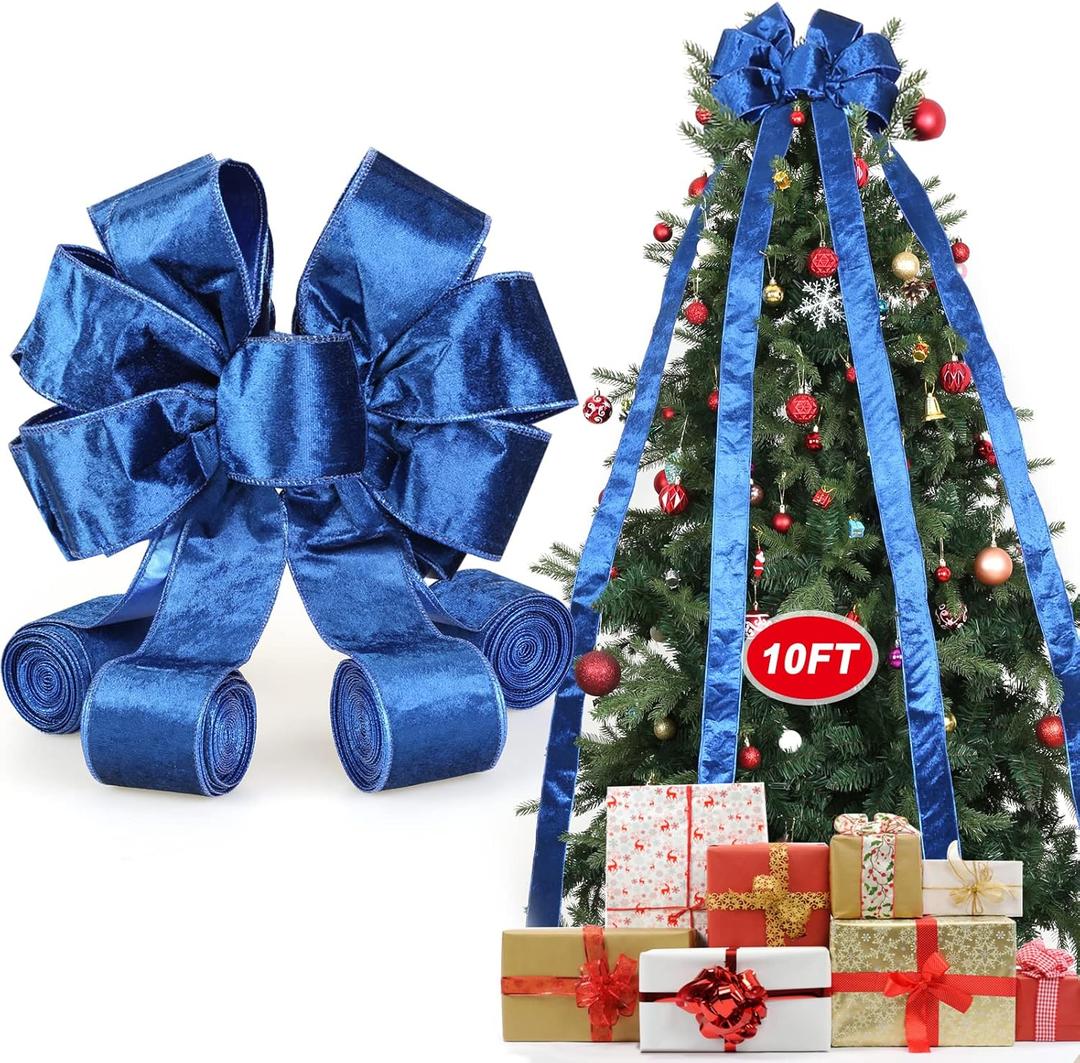 Colovis Christmas Tree Topper Bow, 10ft Long Streamers Tree Topper Bow Blue, Velvet Ribbon Bows Toppers for Xmas Holiday Party Home Decor (Blue) 2 Pack