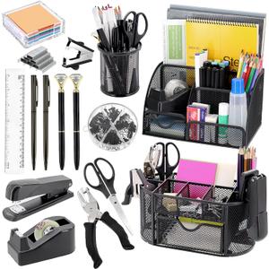 17 in 1 Black Desk Organizers and Accessories Set, 3 Office Desk Supplies Storage Organization, 4 Pens, Stapler, Staples & Remover, Tape & Dispenser, Scissors, Ruler, Clips, Hole Punch, Back to School