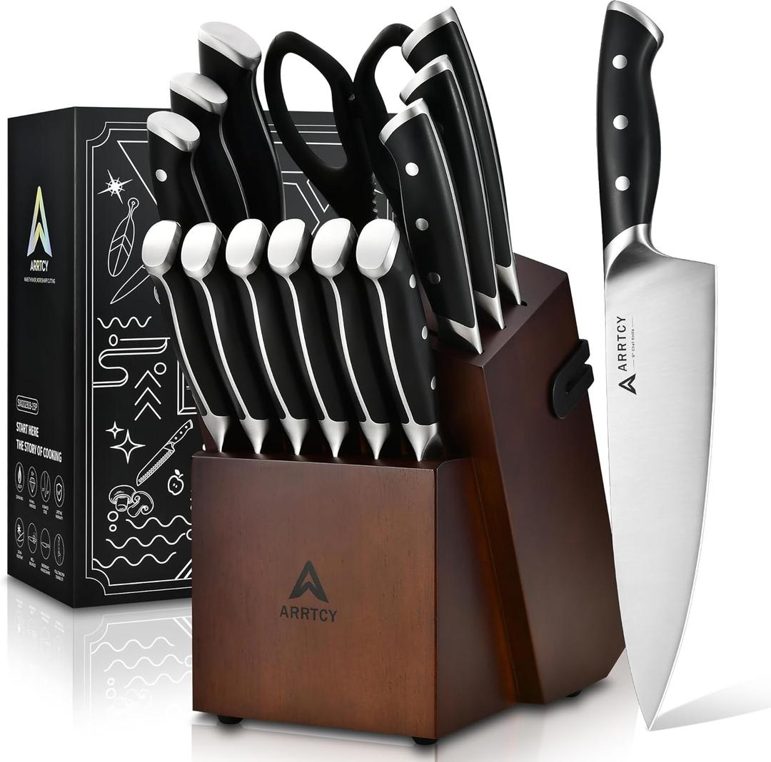 Arrtcy Knife Set with Block, Kitchen Knife Set 15-Piece with Sharpener - High Carbon Stainless Steel Dishwasher Safe Knives with Ergonomic Handles for Chef & Home