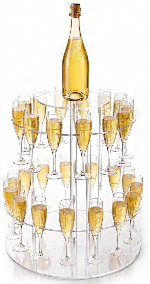 Gisafai 3-tier Clear Acrylic Champagne Tower with 28 Slots Champagne Display Stand Cocktail Tree Stand for Drinks Wine Glass Stemware Display Rack for Party Weddings Celebration
