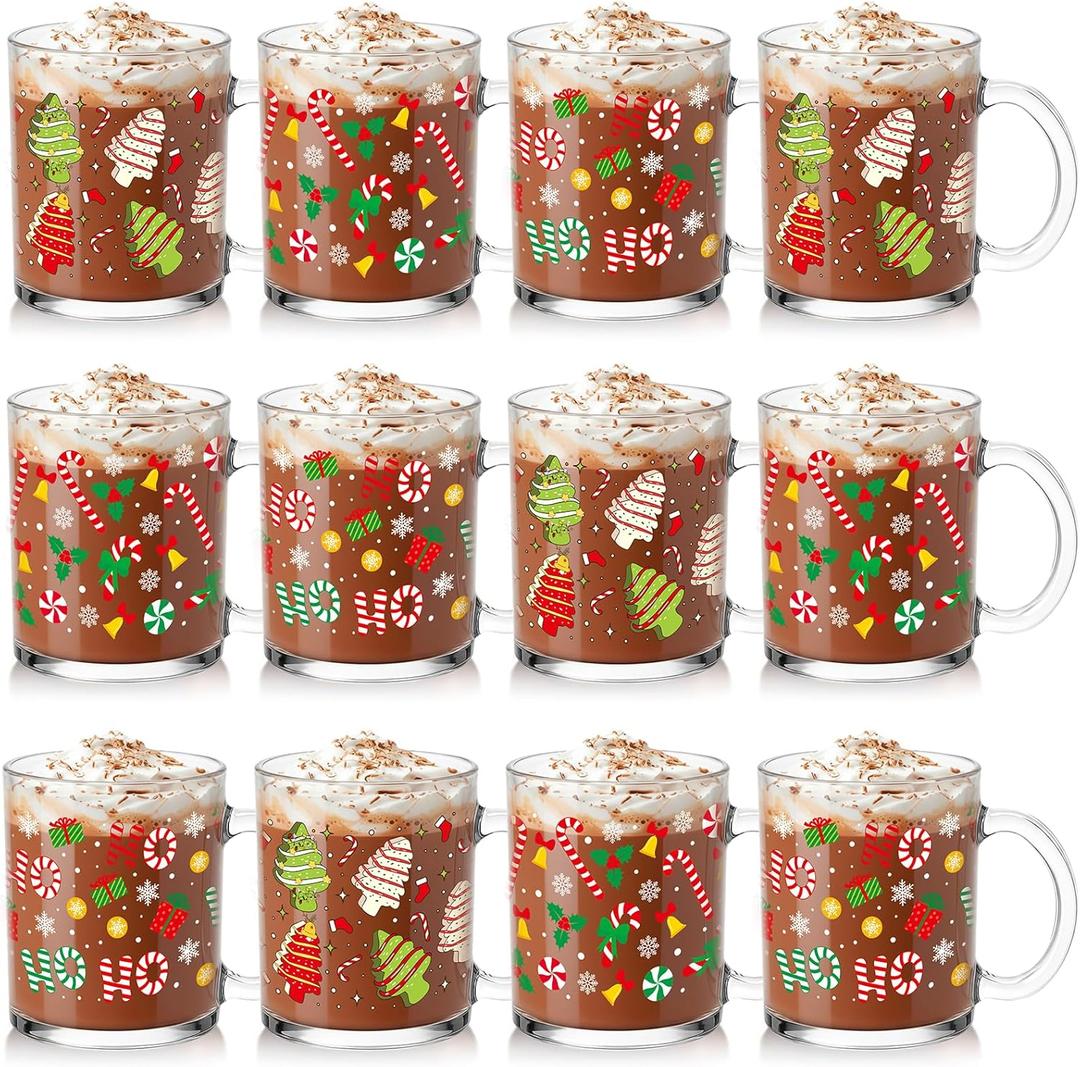 Baderke 12 Pcs Winter Glass Mugs Gifts Set 12 oz Snowflake Coffee Mugs Bulk with Handle Winter Coffee Cups Christmas Glass Cups for Women Men Holiday Milk Hot Cocoa Kitchen Party Decor