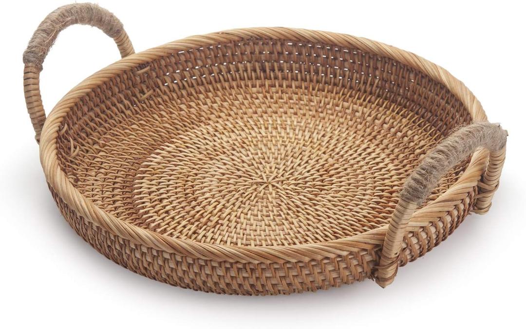 Rattan Round Fruit Basket for Table Wicker Bread Tray with Handle for Serving Food, Crackers, Snacks (11inch D x 1.8inch H) (Natural)