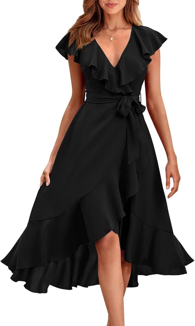 RETTYGARDEN Women's 2025 Summer Cross Midi Dress Casual Boho Deep V Neck Short Sleeve Ruffle Hem Split Beach Long Dresses (Large, Black)