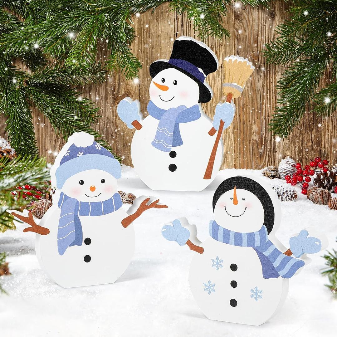 COCHIE Snowman Christmas Decorations Indoor, Cute Winter Tiered Tray Decor Set of 3, Wooden Snowman Blocks Xmas Table Decoration for Party Home Office Shelf Door (Let It Snow)