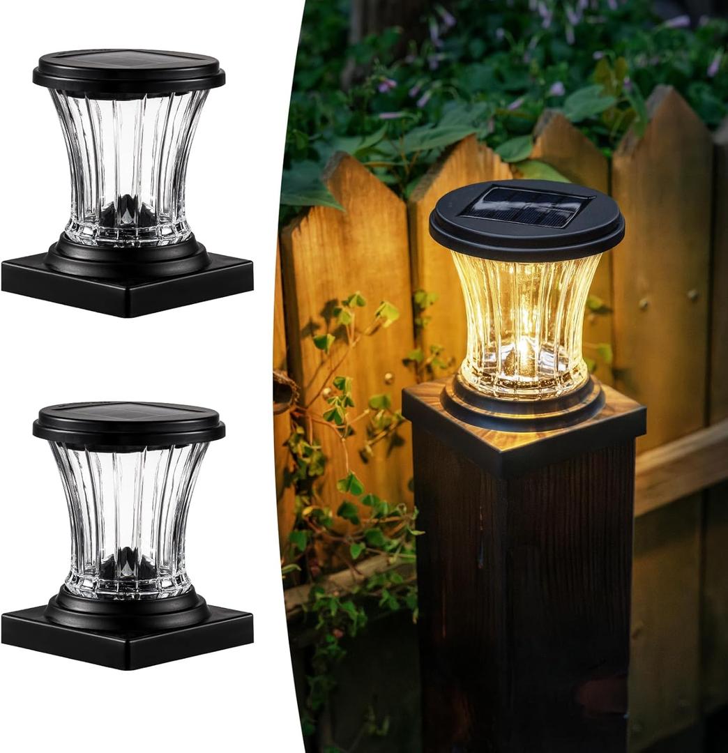 Glass Solar Post Cap Lights Outdoor Waterproof, 3000K LED Solar Fence Post Lights with Modular Design, Auto On/Off for Deck, Patio, Garden, 4x4 Vinyl/Wood Posts, Warm White (Pack of 2)
