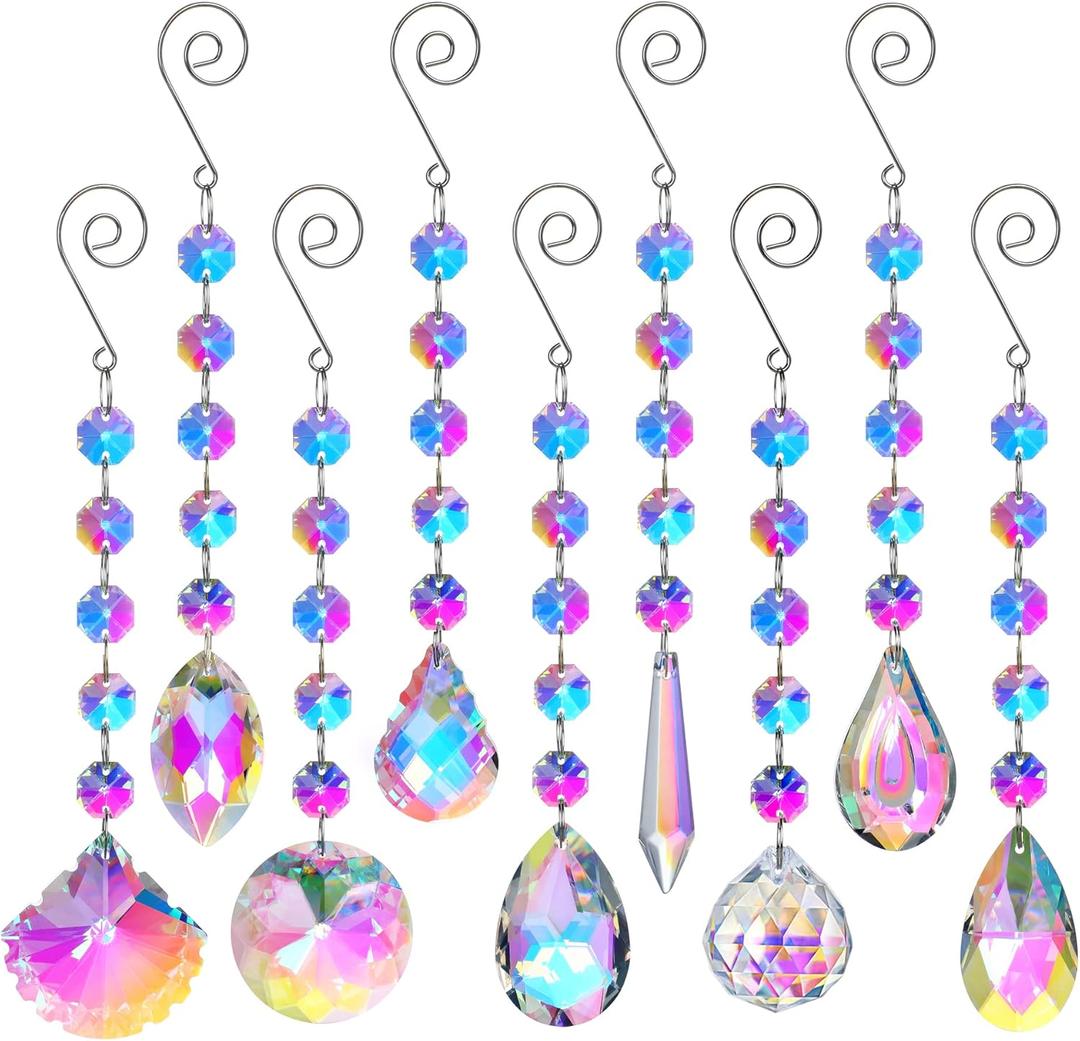 HDCRYSTALGIFTS 9 Pack 8'' Crystal Sun Catchers,Christmas Tree Decoration,Rainbow Prisms Suncatchers for Window Hanging Indoor Crystal Ornaments for Xmas Tree Winter New Year Party