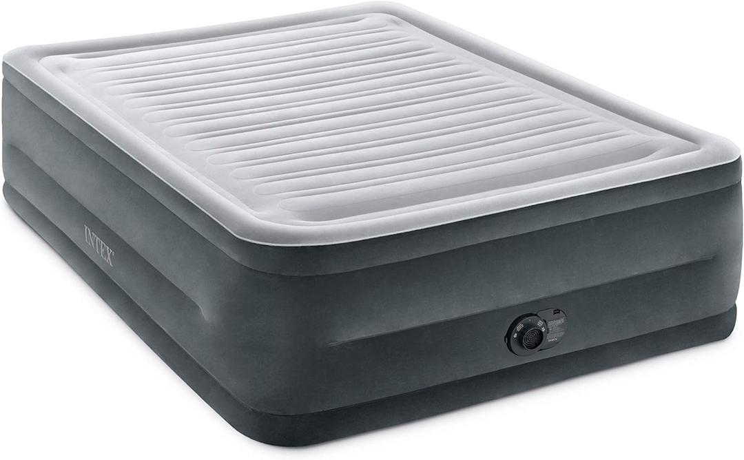 Intex 64417ED 22in Queen Dura-Beam Comfort Plush High-Rise Inflatable Air Mattress with Built in Pump for Travel and Camping, 600lb Weight Capacity (Queen, Grey)
