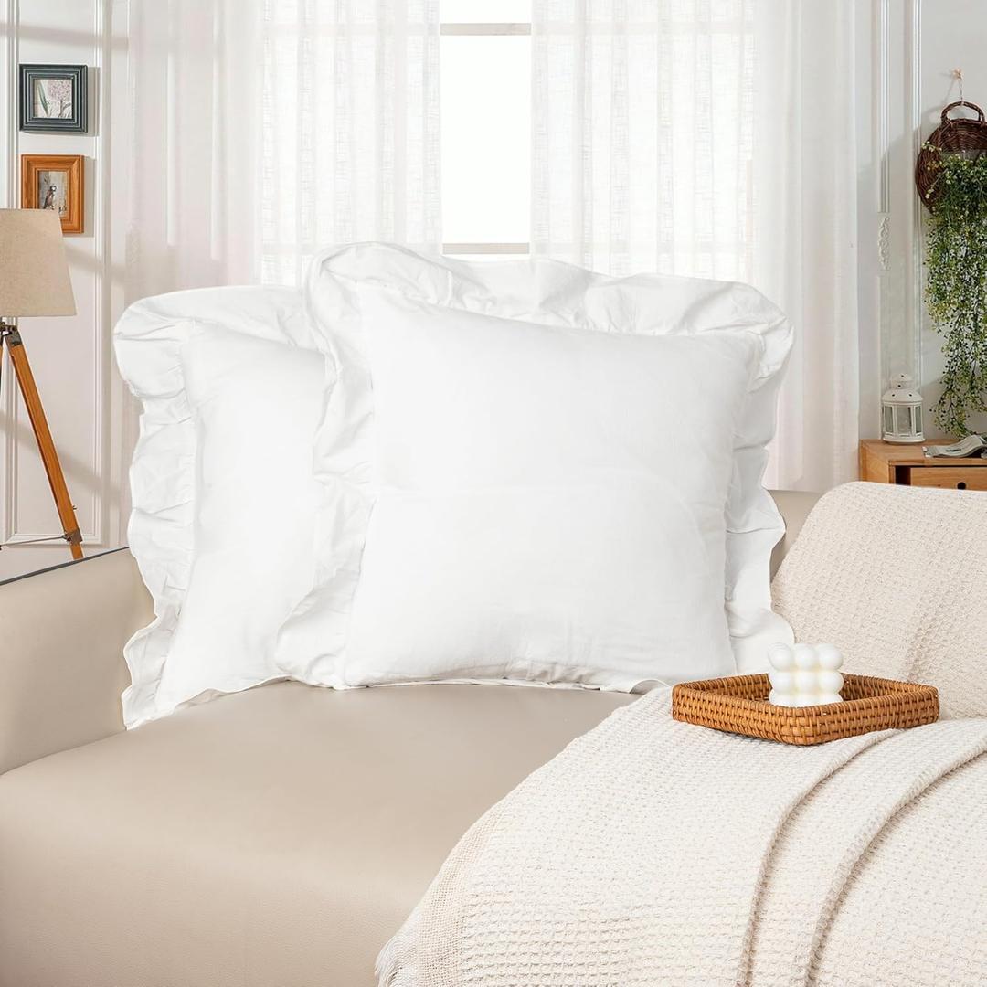 JoraLion White Scalloped Cotton Pillow Covers 20x20 inch, Farmhouse Ruffle Solid Pure Cotton Decor for Sofa Bed Couch, Set of 2, Covers ONLY