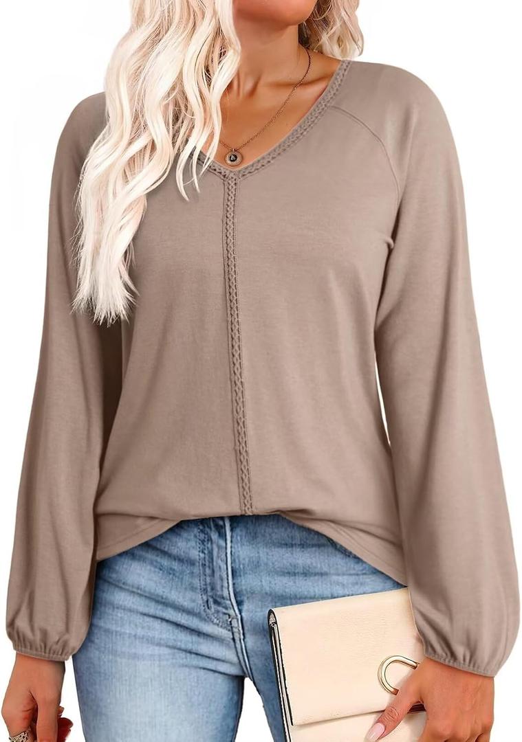 Dokotoo Womens Tops Fashion V Neck Long Sleeve Tops for Women Fall Outfits for Women 2025 Casual Loose Blouses (Brown, XL)