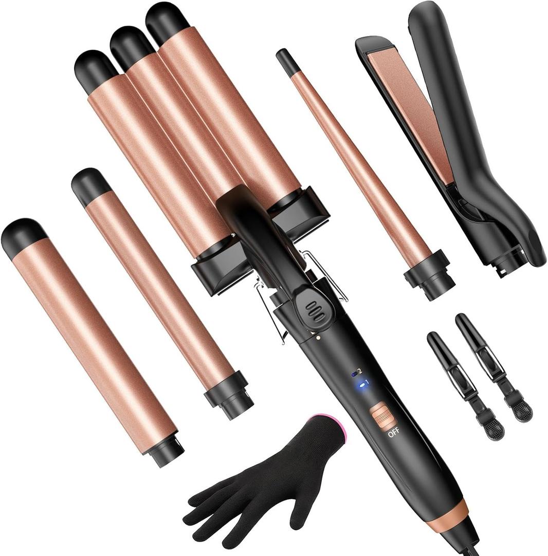 5 in 1 Wand Curling Iron-Kinked Curling Wand Set with Flat Iron Hair Straightener, 3 Barrels Hair Crimper, 3 Ceramic Curling Irons (0.35"-1.25"), 2 Temps Fast Heat Hair Waver Curler, Rose Gold