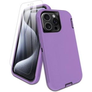 for iPhone 15 Pro Case with Tempered Glass Screen Protector, 16ft Drop Protection, with Dustproof Port Cover, 3-Layer Heavy Duty Shockproof Phone Case, Black/Purple