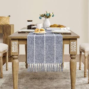 ZeeMart Farmhouse Table Runner, Rustic Table Runners 108 Inches Long, Linen Boho Table Runner, Braided Striped Navy Blue Table Runner for Dining Party Holiday, 15x108 Inches, Braided Navy Blue (15*108 inches)