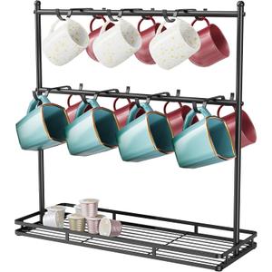 OROPY Coffee Mug Holder for Countertop, 14-Hook Mug Tree Rack for 14 Cups, 2 Tier Mug Display Stand with Heavy Duty Metal Base