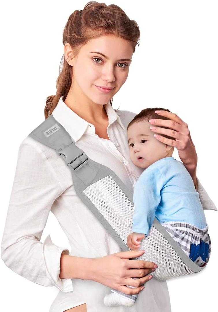 Baby Sling Carrier,Baby Carrier, Adjustable One Shoulder Labor-Saving Baby Holder Carrier, Baby Mesh Half Wrapped Sling Hip Carrier for Newborn to Toddler (Grey White)
 (Grey)