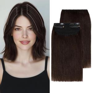 S-noilite Short Clip in Hair Extensions Human Hair 2PCS 2 Clips Clip in Hairpieces For Women Adding Volume 16g 4Inch-Dark Brown