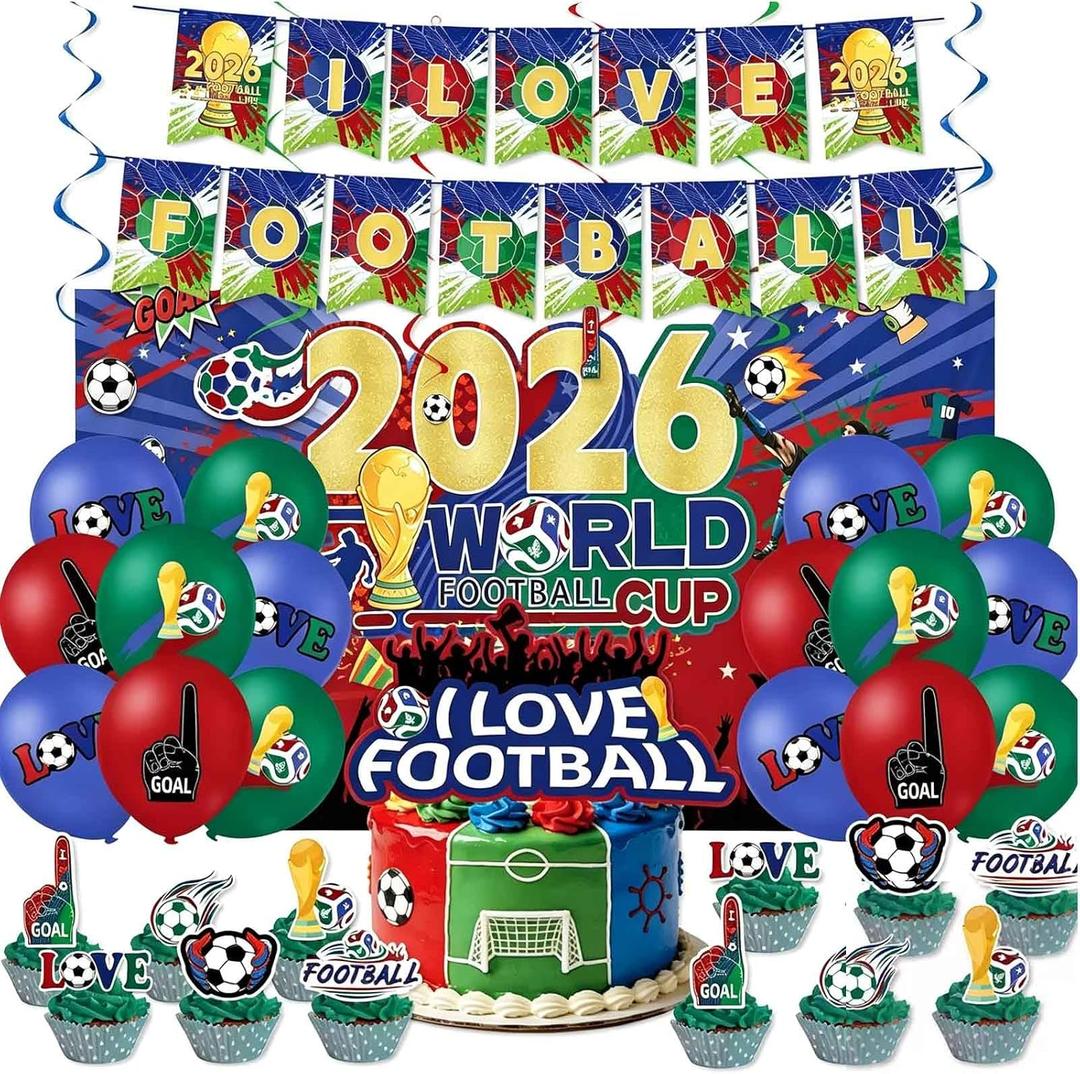 2026 World Cup Soccer Party Decorations Kit, Football Themed Party Supplies with Backdrop, Banners, Hanging Swirls, Cake Toppers, Balloons, Game Day Decor for World Cup Viewing Party, Sports Event