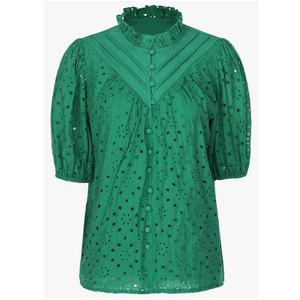 Women Eyelet Tops Hollow Out Lace Embroidered Blouse Puff Sleeve Button Down Shirt Loose Summer Shirt, Size Medium, Green