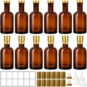 TBWIND 12 Pack 6oz Amber Glass Bottles with Airtight T-Top Corks, 200ml Refillable Mini Bottles for Vanilla Extract, Maple Syrup, Hot Sauce & Homemade Spirits, Includes Funnels & Labels