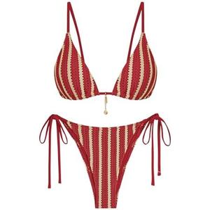 ZAFUL Crochet Bikini Sets for Women Cheeky Two Piece Bathing Suits Striped Brazilian High Cut Knit Swimsuit Tie for Vacation, M