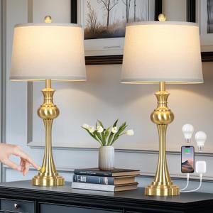 Cinyirong 28.75" Gold Table Lamps for Living Room,Touch Lamps for Bedrooms Set of 2 - Nightstand Table Lamp with USB C+A, 3 Way Dimmable Bedside Lamps End Tables, Antique Brass
