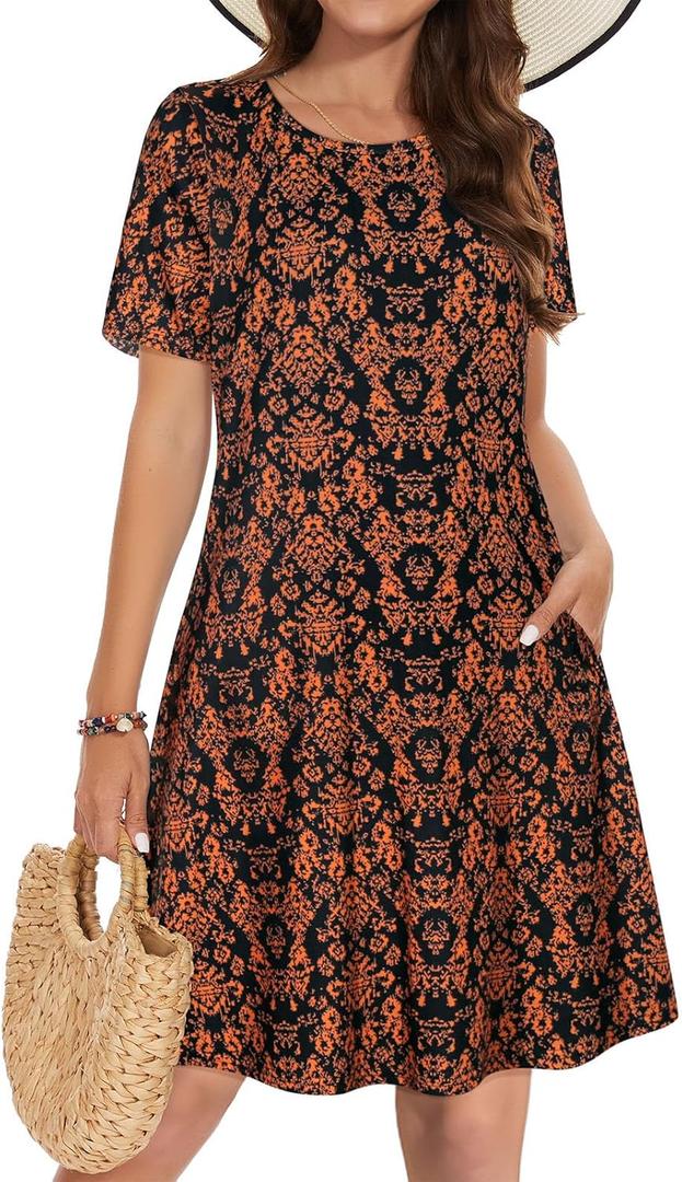 Summer Dresses for Women Casual Tshirt Short Sleeve Floral Sundress Beach Cover Ups with Pockets 2026,Medium