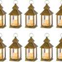 Mini Lanterns Decorative for Centerpiece -10 PCS Hanging Small Gold Lantern Bulk with Flickering LED Candles for Wedding Table Decor Halloween Decorations Christmas, Batteries Included