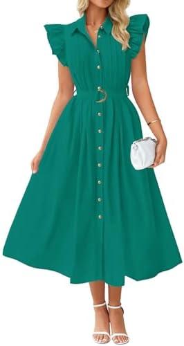 ZESICA Women's 2025 Summer Boho Button Midi Dresses Casual V Neck Flutter Sleeve Belted Long Dresses with Pockets, Dark Green, Large