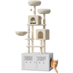 75.6-Inch Tall Cat Tree with Litter Box Enclosure 2-in-1 Modern Large Cat Tower for Indoor Cats with Double Condos/Scratching Posts/Hammock/Plush Perches, Cats Hidden Litter Box Furniture, White