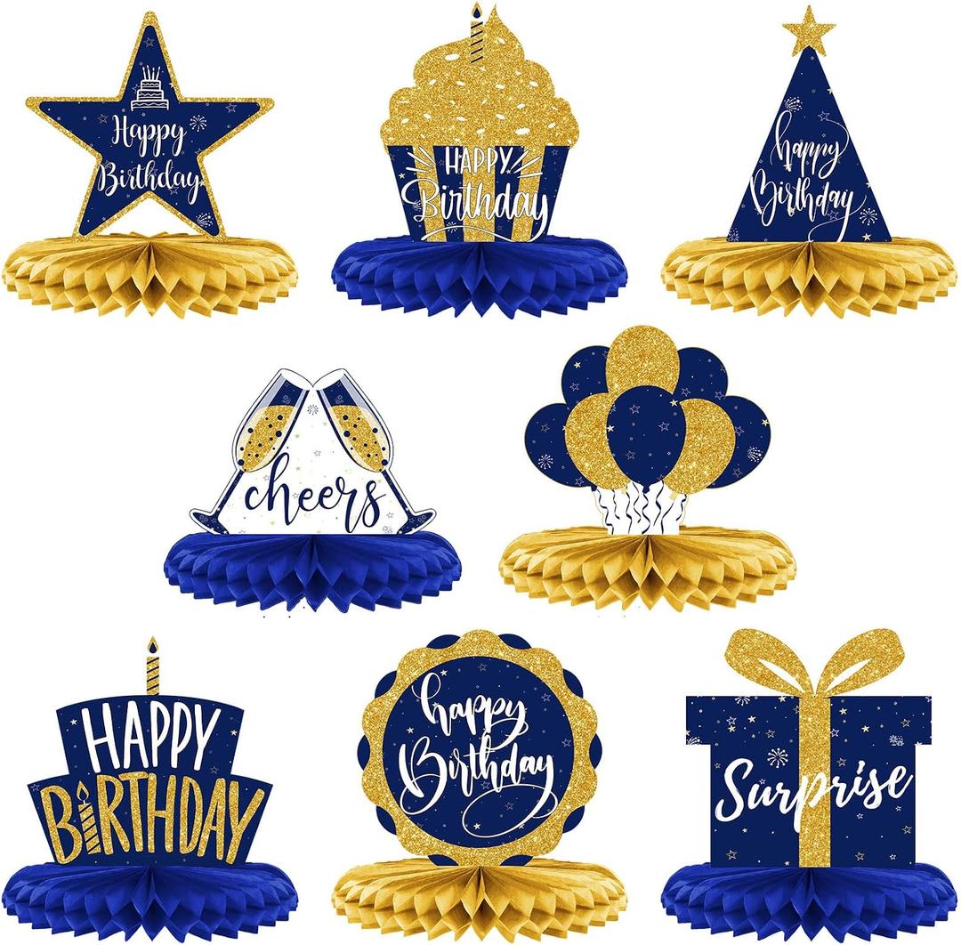 Spakon 8 Pieces Blue Gold Happy Birthday Table Decorations Happy Birthday Honeycomb Centerpieces Glitter Table Toppers Blue and Gold Party Decorations for Men and Women Party Supplies