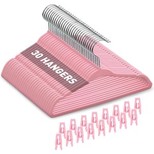 Babyrish Velvet Baby Hangers with Clips (30 Pack) | 11 Ultra-Slim Baby Clothes Hangers | Non-Slip Felt | Space-Saving Nursery & Infant Closet Organizer | Pink