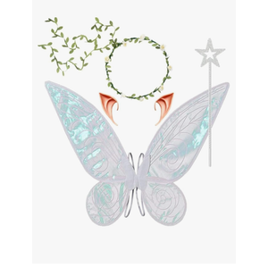 4PCS Fairy Wings Costume Set for Girls Teens Women, Iridescent Butterfly Wings with Elf Ears, Flower Crown and Fairy Wand, Large Fairy Accessories for Halloween Birthday Cosplay