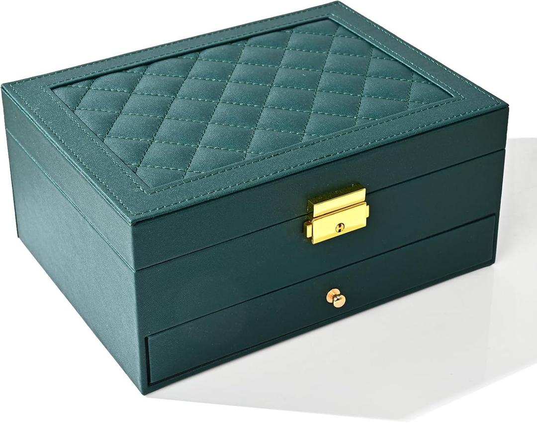 GUOER Jewelry Box for Women Girl Wife - Large PU Leather Jewelry Organizer Storage Case with Two Layers Display for Earrings Bracelets Rings Watches (Green)
