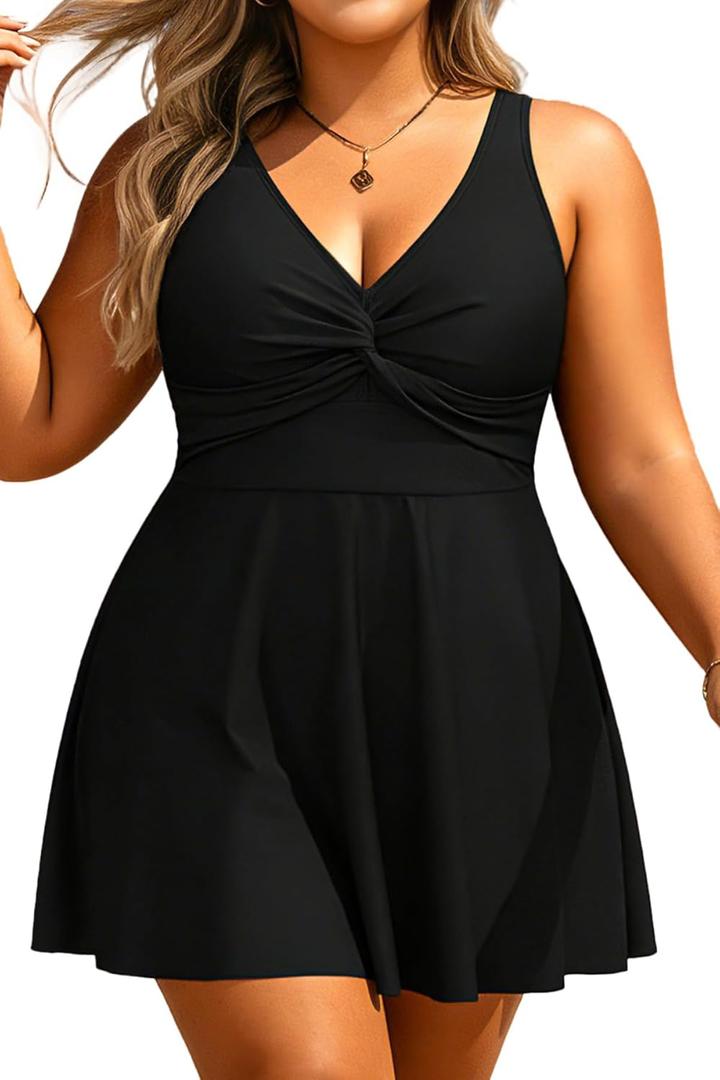 Yonique Plus Size Swim Dress for Women - One Piece Swimsuit Tummy Control Bathing Suit Twist Front Curvy Swimwear 2025, Black, 22 Plus
