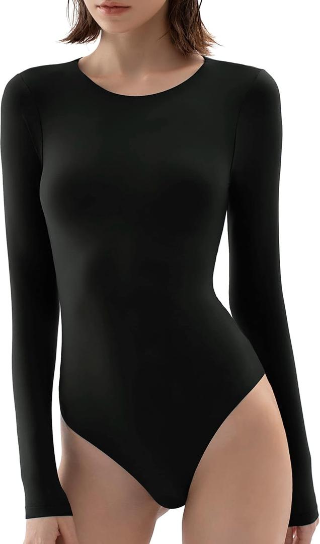 PUMIEY Women's Crew Neck Long Sleeve Bodysuit Second-skin Feel Tops Smoke Cloud Collection (Medium, 01 Jet Black)