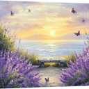 YMXDYMJSW Coastal Lavender Wall Art Purple Lavender Flowers Pictures Sunset Floral Canvas Prints Seascape Beach Theme Paintings for Bathroom Decor Frame (Purple,16L x 24W)