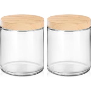 Small Glass Containers with Lids, 8 oz Glass Jars with Plastic Woodgrain Lids & Inner Liners, Reusable Travel Containers for Creams, Makeup, Lotion, Cosmetic - 2 pack