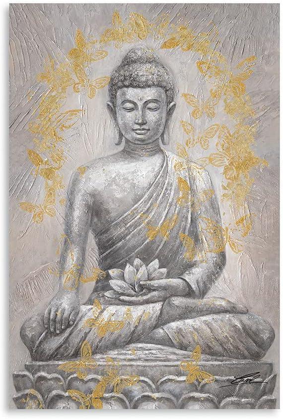 Buddha Canvas Wall Art Gold-foil: Zen Statue Textured Print with Lotus Flower for Buddhism Prayer Wall Decor Inspirational Posters for Spa Yoga Room Decorations Framed Ready to Hang 16"x24" (Brown mandala buddha)
