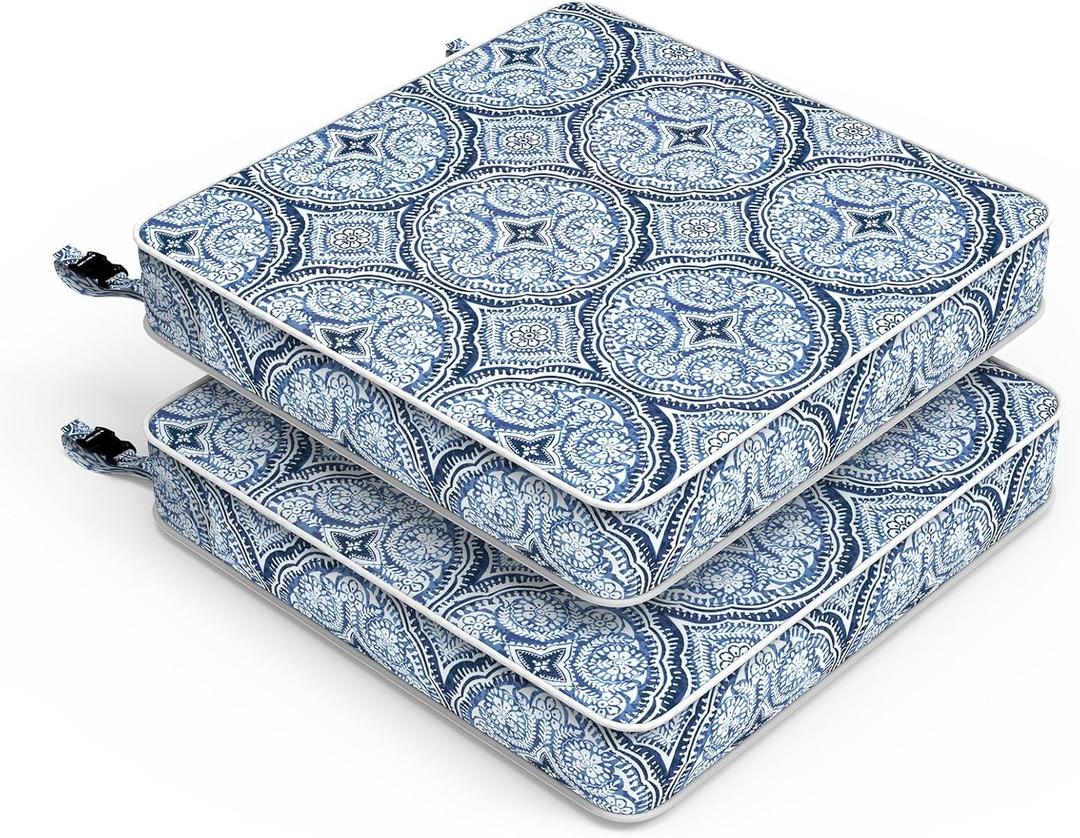LVTXIII Patio Chair Cushions 19"x19"x3", Water-Repellent Outdoor Seat Cushions for Patio Furniture, Square Chair Pads with Ties for Home Garden Decoration, Set of 2, Medallion Blue