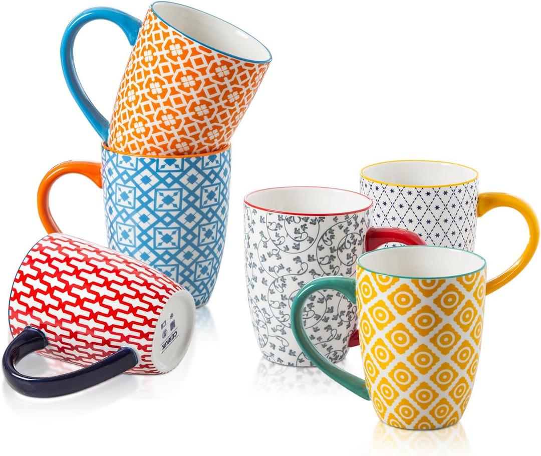 Ceramic Coffee Mugs Set - 16 Oz Large Porcelain Tea Cups with Handle for Women Men Cocoa Latte Cappuccino - Christmas Housewarming Gift - Microwave Dishwasher Safe - Set of 6 - Assorted Colors