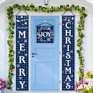Tatuo 3 Piece Merry Christmas Porch Signs Christmas Buffalo Plaid Porch Banner Xmas Party Front Door Sign for Holiday Home Indoor Outdoor Xmas Party Favor(Blue and Black)