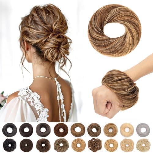 S-noilite Messy Bun Hairpiece Real Human Hair for Women Tousled Updo Scrunchie Donut Chignon Realistic Natural Bun Hair Piece Highlighted Medium Brown Mixed Honey Blonde