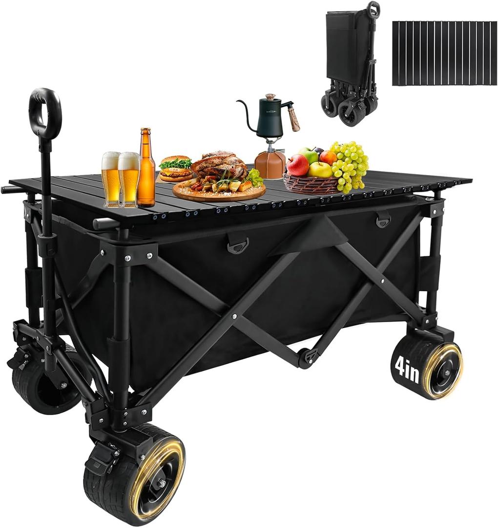 Collapsible Foldable Wagon Cart with Big Wheels and Tabletop, Large Capacity 440Lbs Folding Utility Wagon Carts for Sand, Beach, Camping, Shopping, Sport (Black)