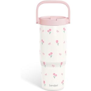 SANDJEST Tulip Stainless Steel Straw Lid Tumbler 30oz with Carry Handle for Women Girls, Insulated Travel Coffee Cup, Gift for Sports Workout Christmas Birthday