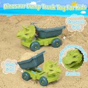 Beach Toys, Dinosaur Sand Toys with Dump Truck and Collapsible Beach Bucket, Shovel and Rake, Mesh Bag, Animal Dinosaur Sand Molds, Sand Castle Toys, Sandbox Toys for Toddlers Kids Boys