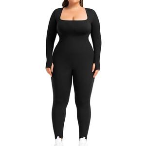 BLEVONH Women's Yoga Jumpsuits Ribbed Workout Rompers Square Neck Long Sleeve Bodysuits Full Length Plus size M